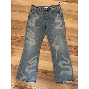 BDG Urban Outfitters High and Wide Light Denim Jeans Size 32 Rhinestone Design